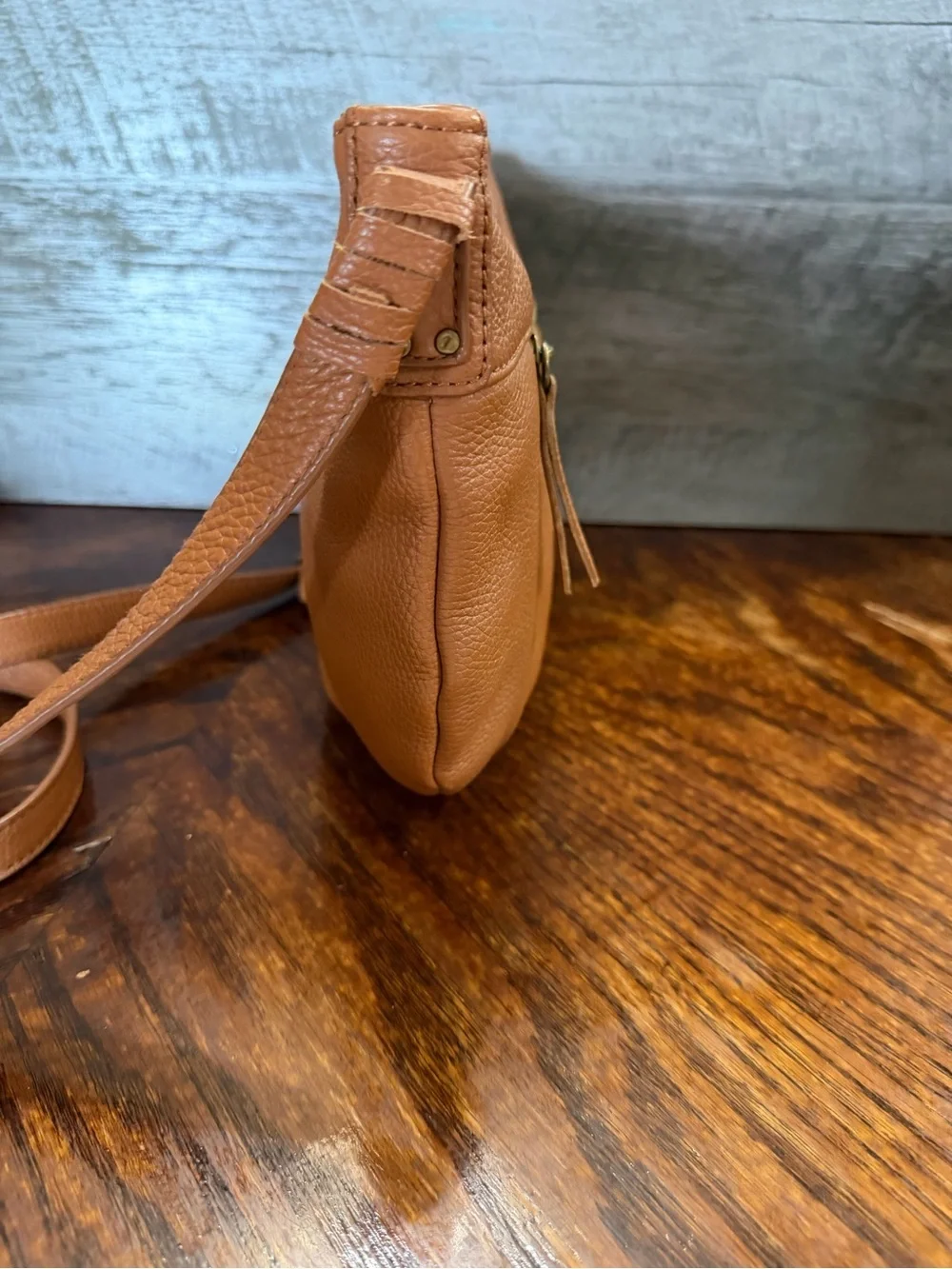 Lucky Brand Brown Pebble Leather Curved Bottom Half Moon Shaped Crossbody